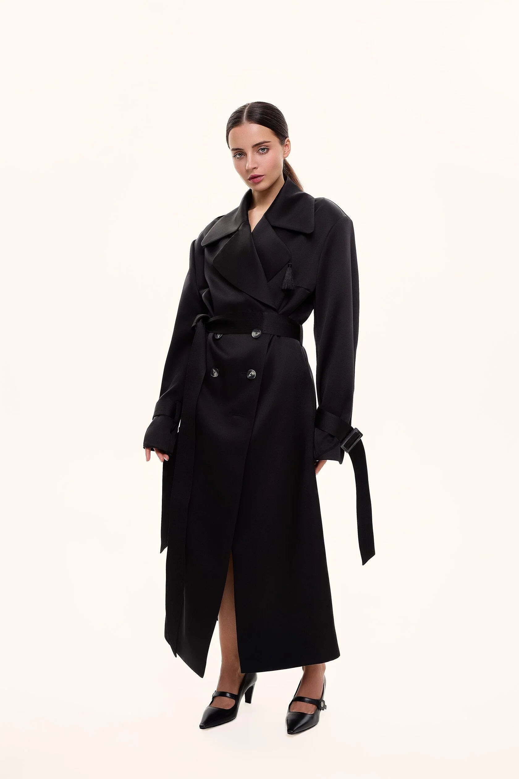 Double-breasted maxi trench coat with belt