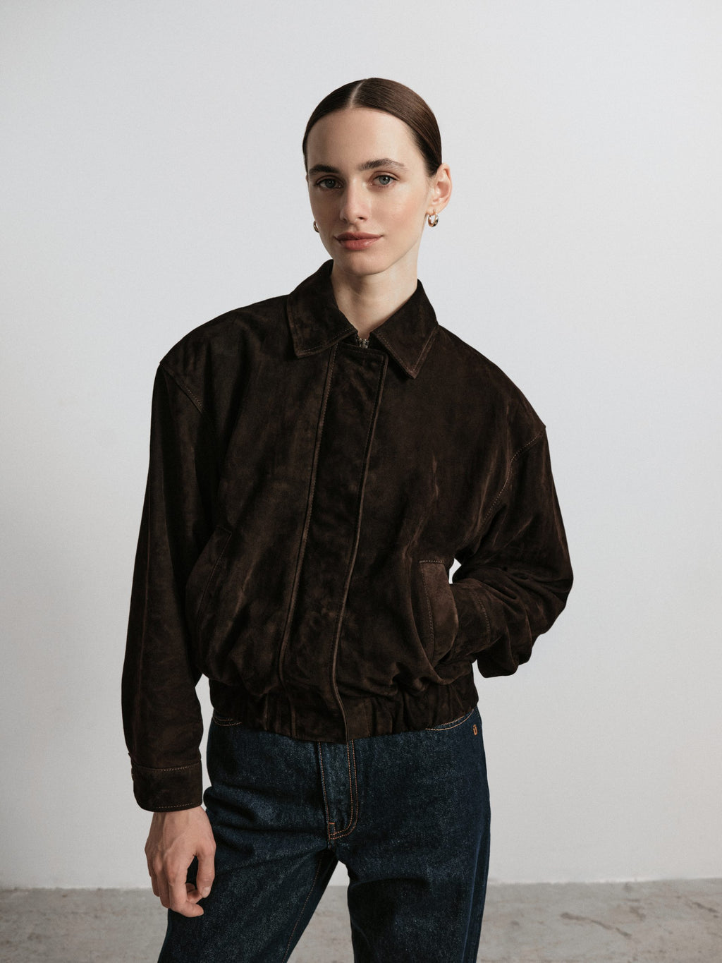 BROOKLYN BABY Genuine Suede Bomber Jacket, Chocolate