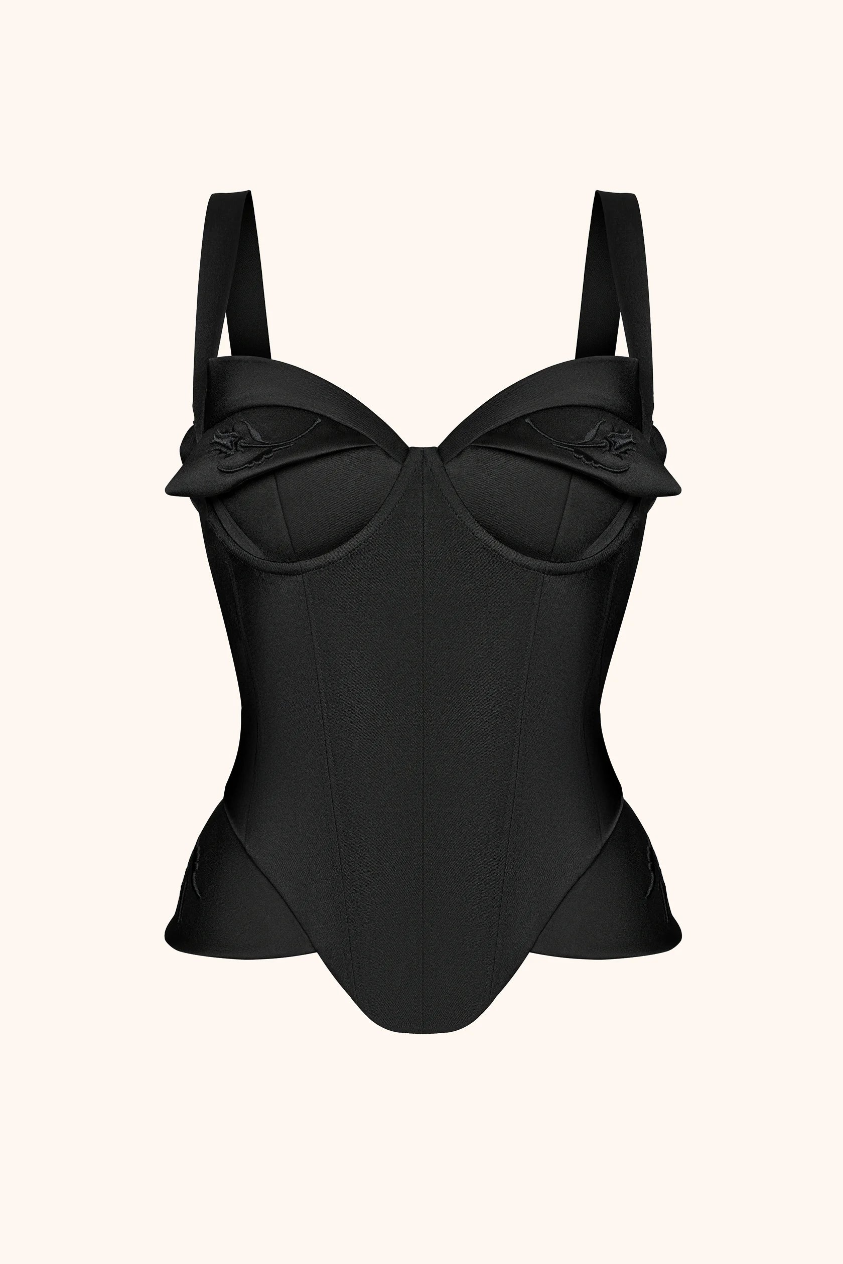 Black corset with tulip embroidery