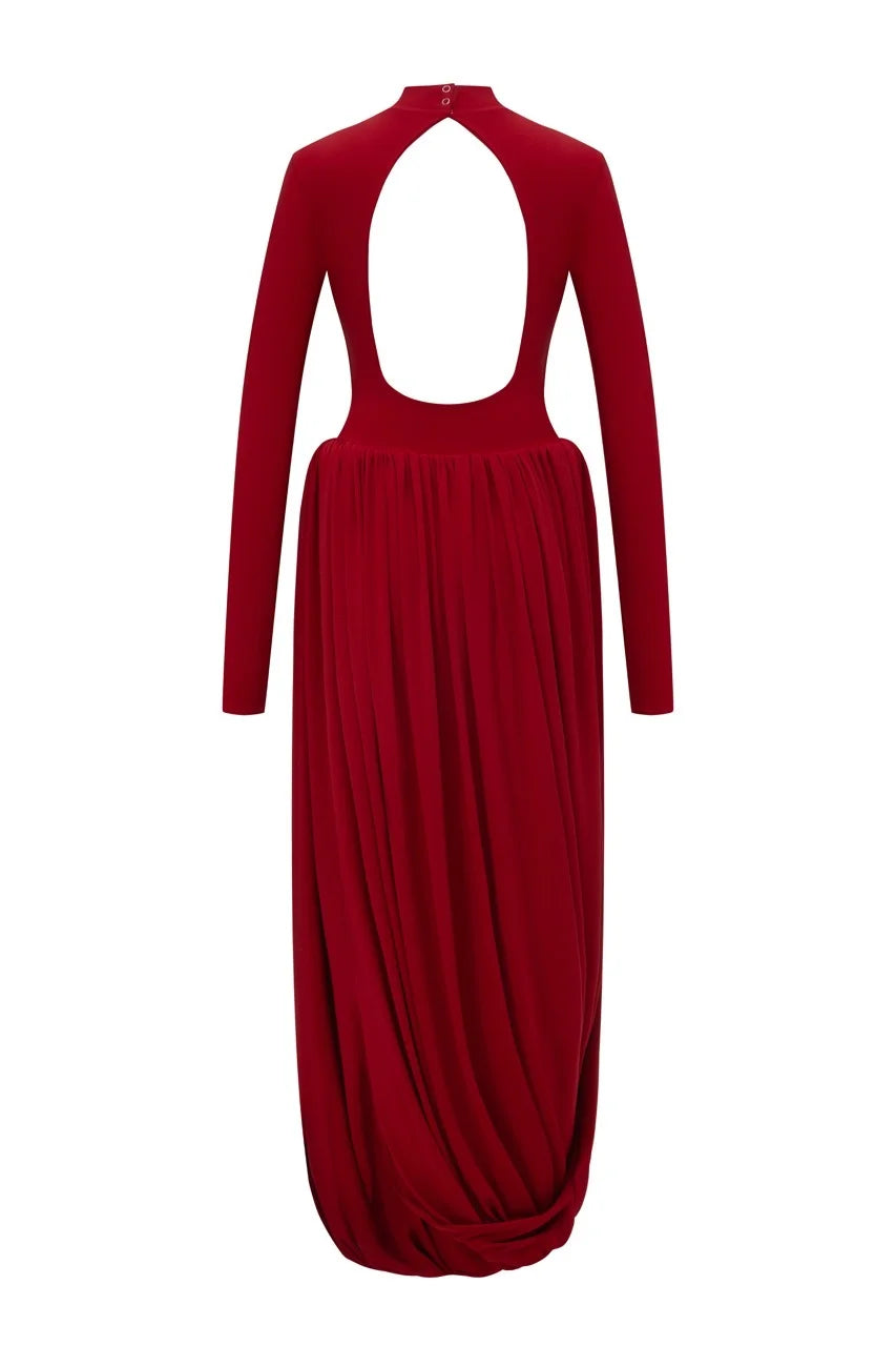 Red Open Back Puff Dress