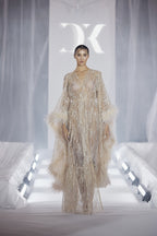 Ivory Crystal Embellished Maxi Dress with Feather Sleeves.