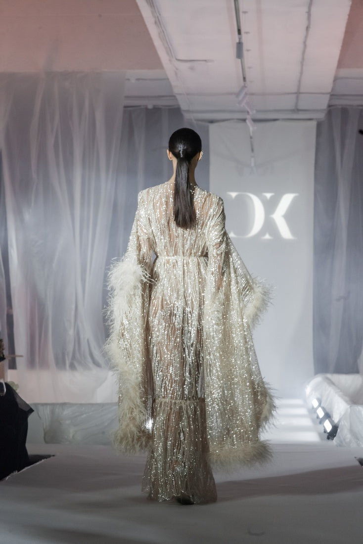 Ivory Crystal Embellished Maxi Dress with Feather Sleeves.