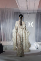 Ivory Crystal Embellished Maxi Dress with Feather Sleeves.