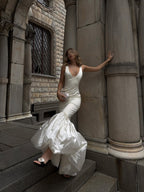 Ivory V-Neck Mermaid Dress with Voluminous Ruffle Hem