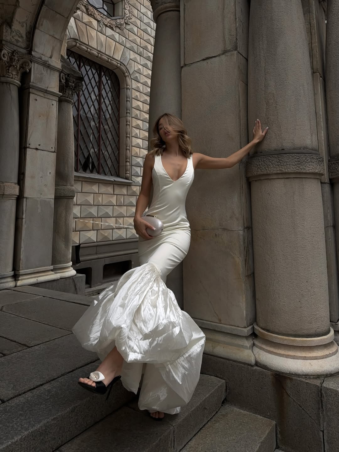 Ivory V-Neck Mermaid Dress with Voluminous Ruffle Hem