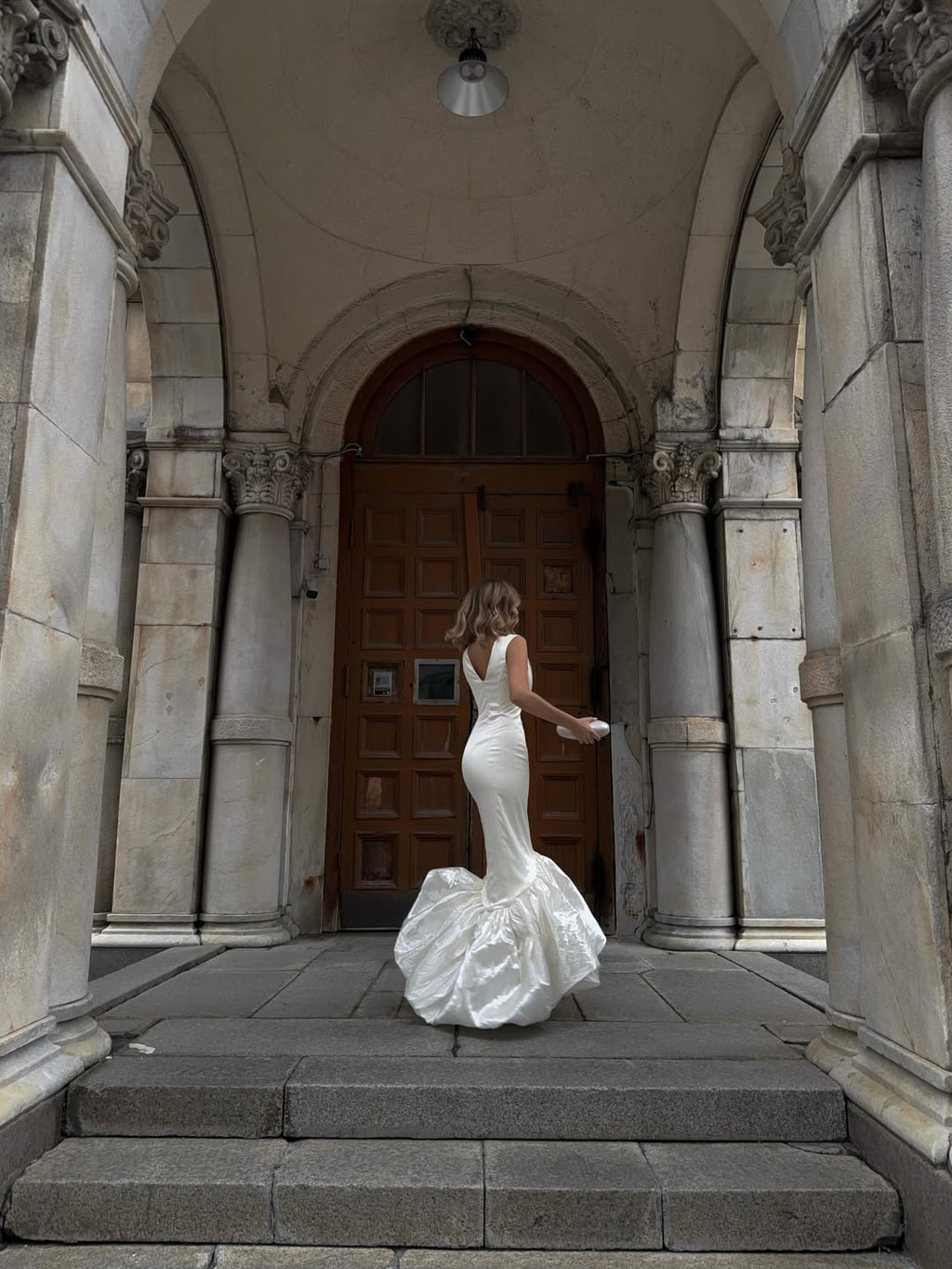 Ivory V-Neck Mermaid Dress with Voluminous Ruffle Hem