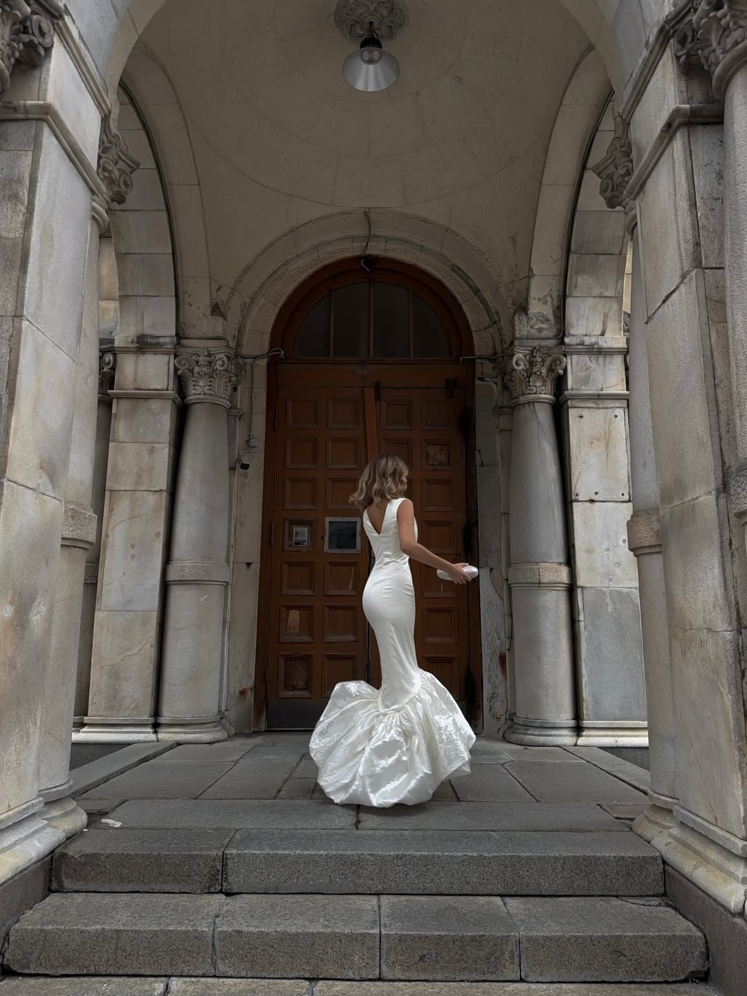 Ivory V-Neck Mermaid Dress with Voluminous Ruffle Hem