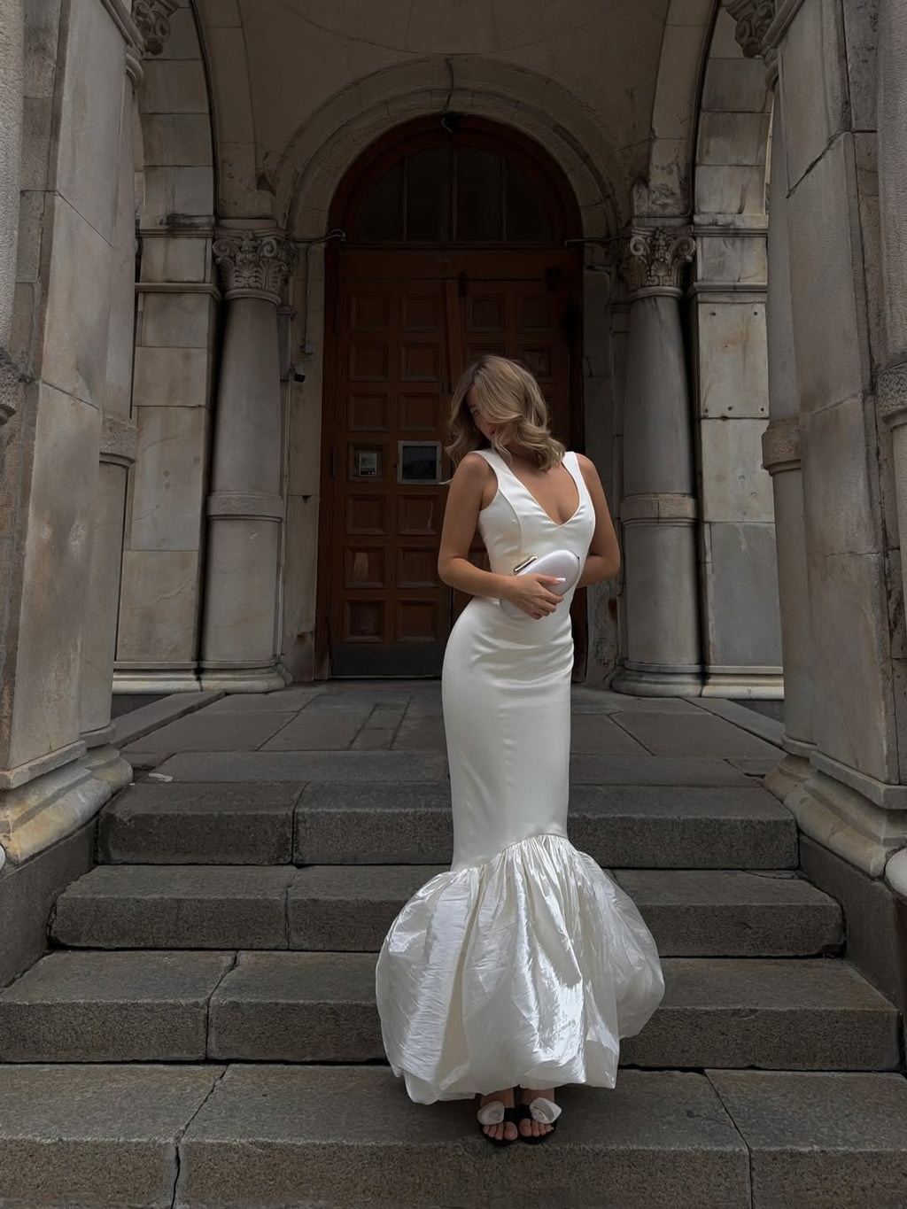 Ivory V-Neck Mermaid Dress with Voluminous Ruffle Hem