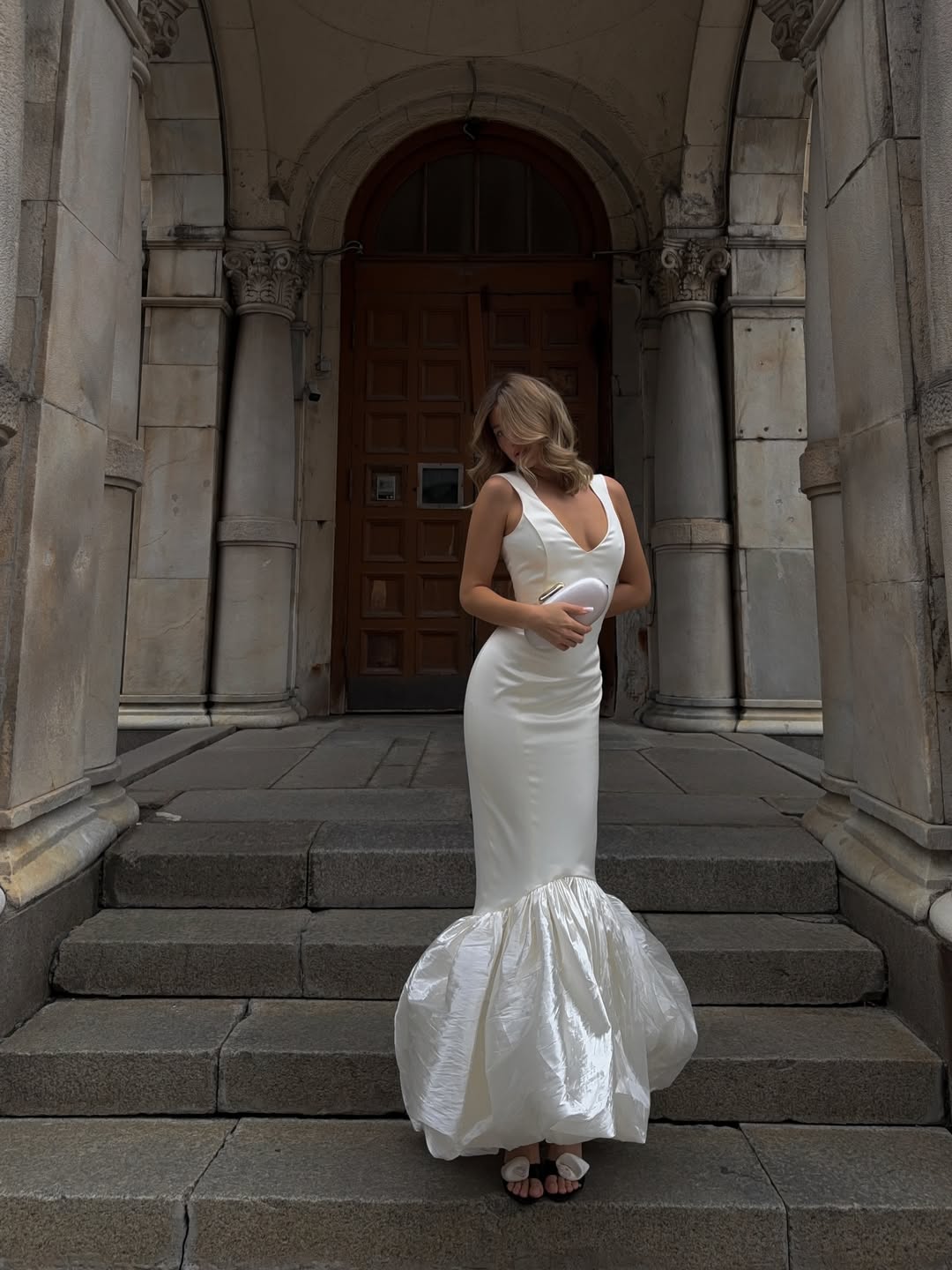 Ivory V-Neck Mermaid Dress with Voluminous Ruffle Hem
