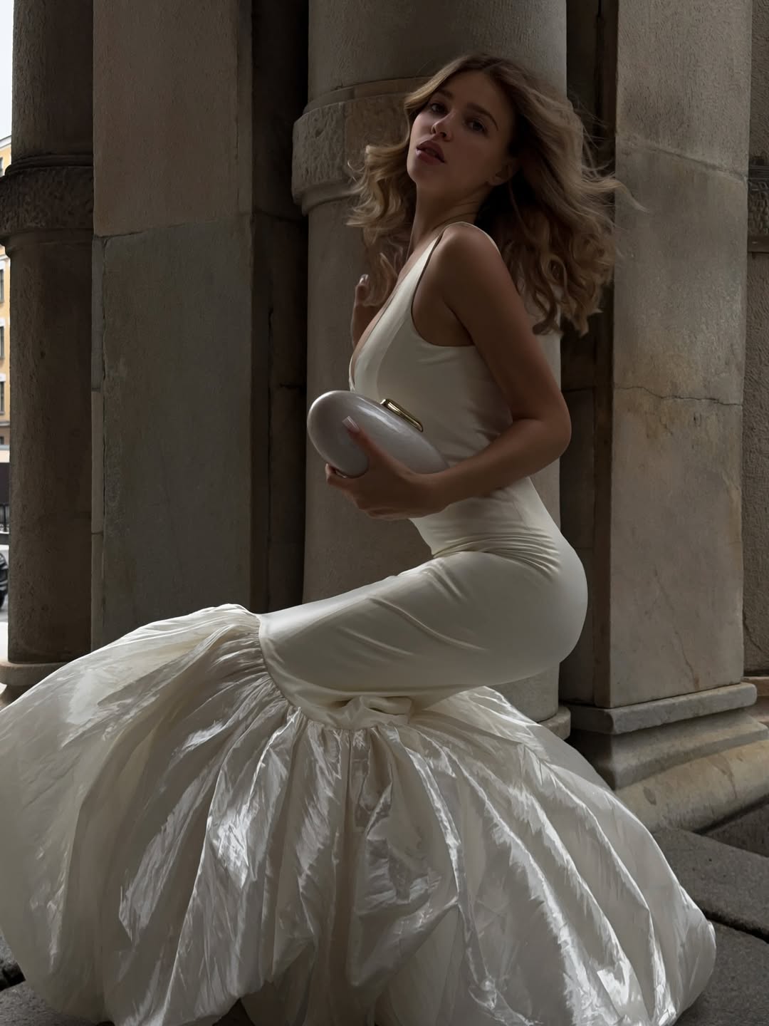 Ivory V-Neck Mermaid Dress with Voluminous Ruffle Hem