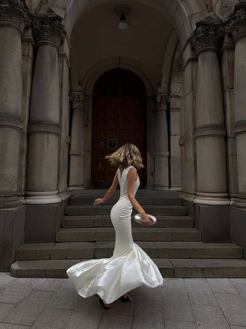 Ivory V-Neck Mermaid Dress with Voluminous Ruffle Hem