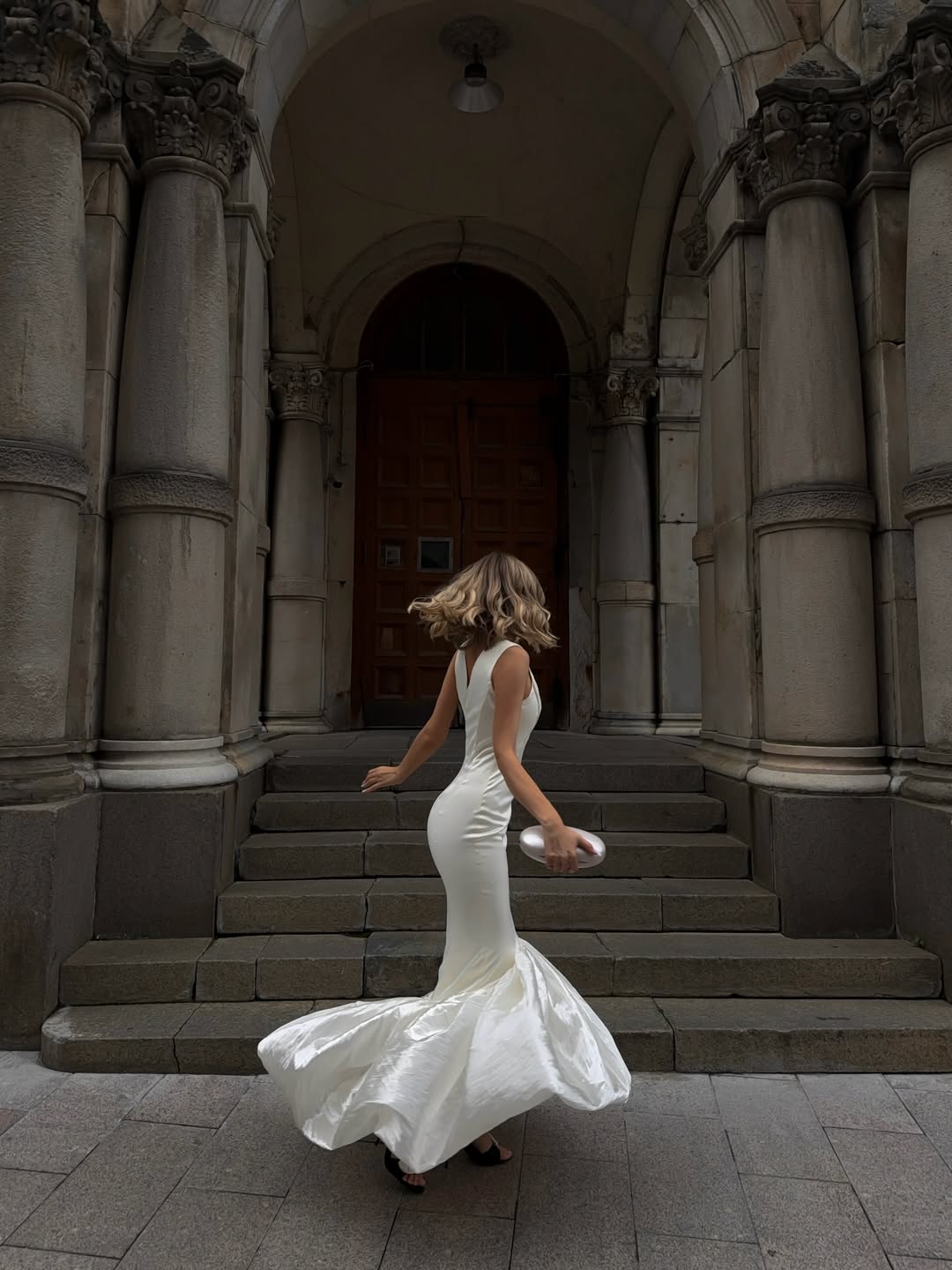 Ivory V-Neck Mermaid Dress with Voluminous Ruffle Hem