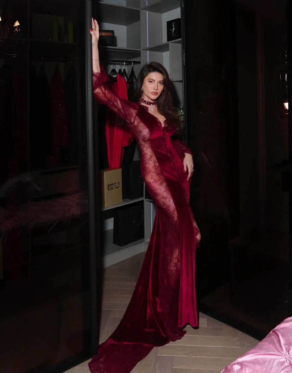 Peignoir Celine maxi velvet, burgundy lace