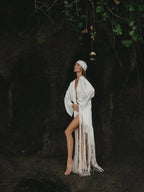 Ivory Satin Kimono Shiva Dress with Fringe and Macrame Detail