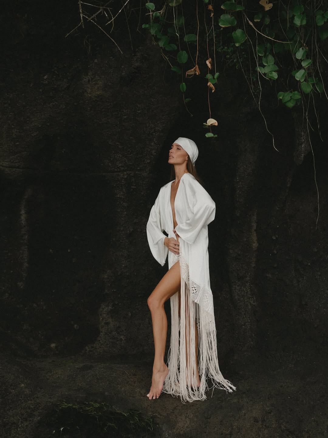 Ivory Satin Kimono Shiva Dress with Fringe and Macrame Detail
