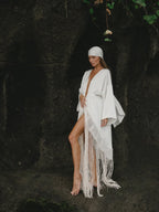 Ivory Satin Kimono Shiva Dress with Fringe and Macrame Detail