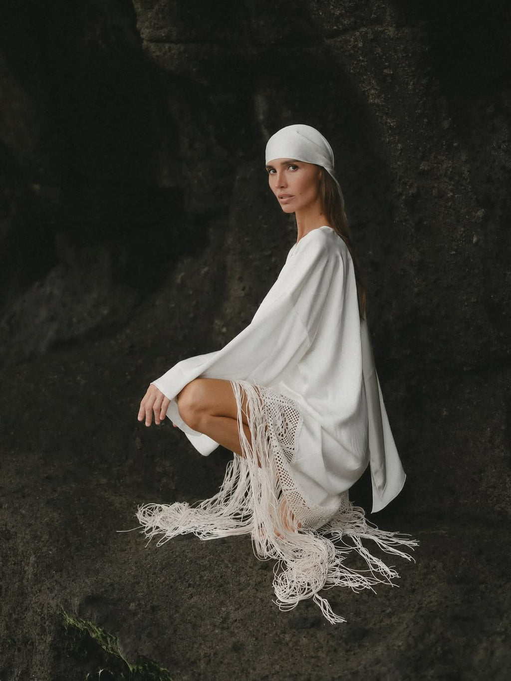 Ivory Satin Kimono Shiva Dress with Fringe and Macrame Detail