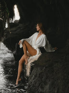 Ivory Satin Kimono Shiva Dress with Fringe and Macrame Detail