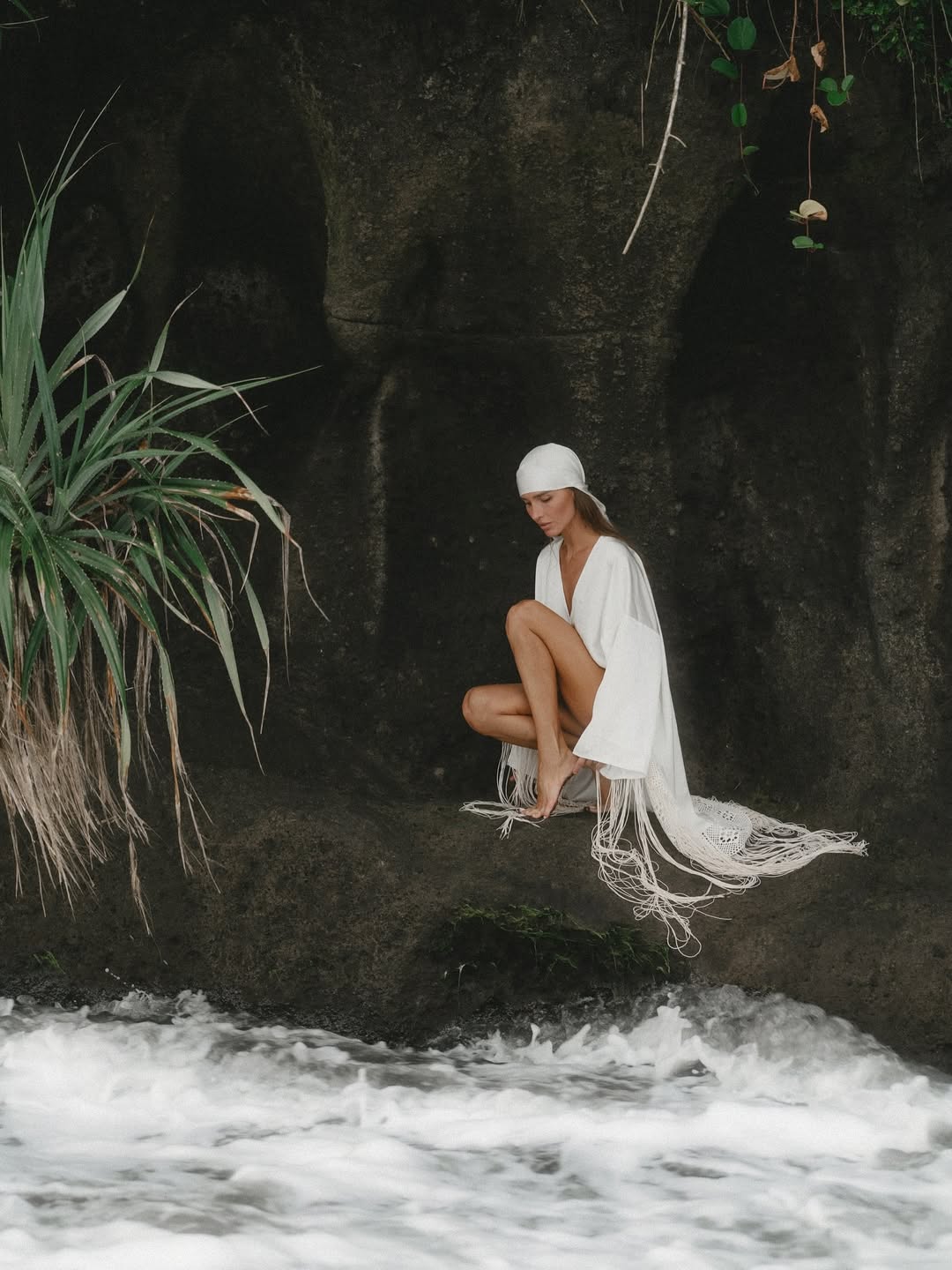 Ivory Satin Kimono Shiva Dress with Fringe and Macrame Detail