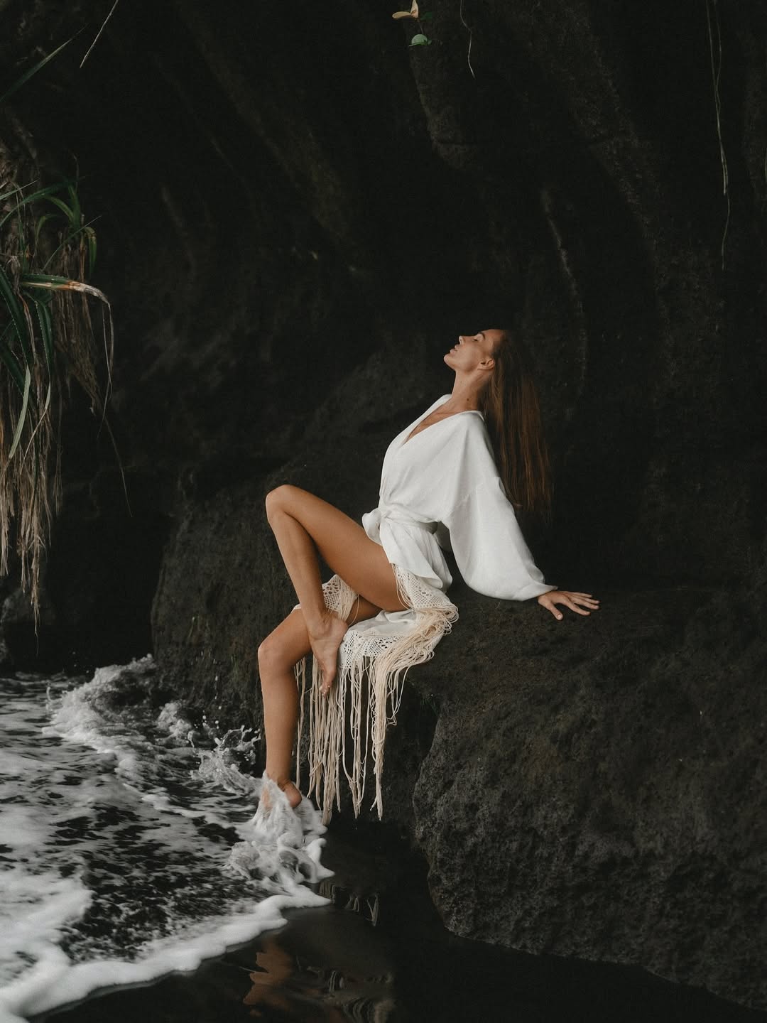 Ivory Satin Kimono Shiva Dress with Fringe and Macrame Detail
