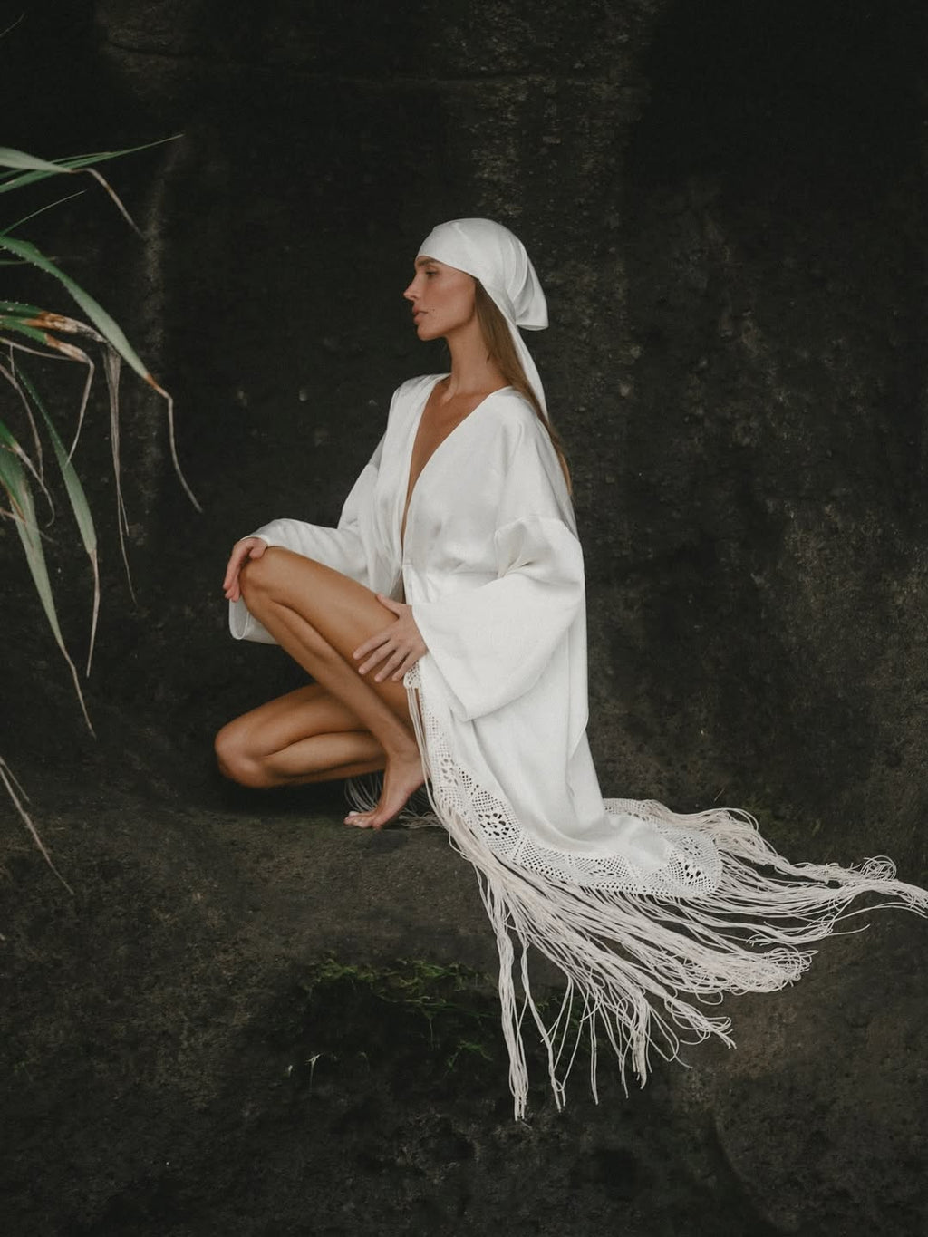 Ivory Satin Kimono Shiva Dress with Fringe and Macrame Detail