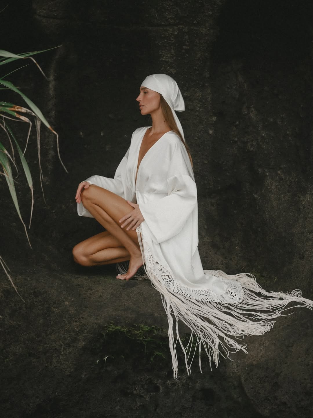 Ivory Satin Kimono Shiva Dress with Fringe and Macrame Detail