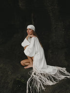 Ivory Satin Kimono Shiva Dress with Fringe and Macrame Detail