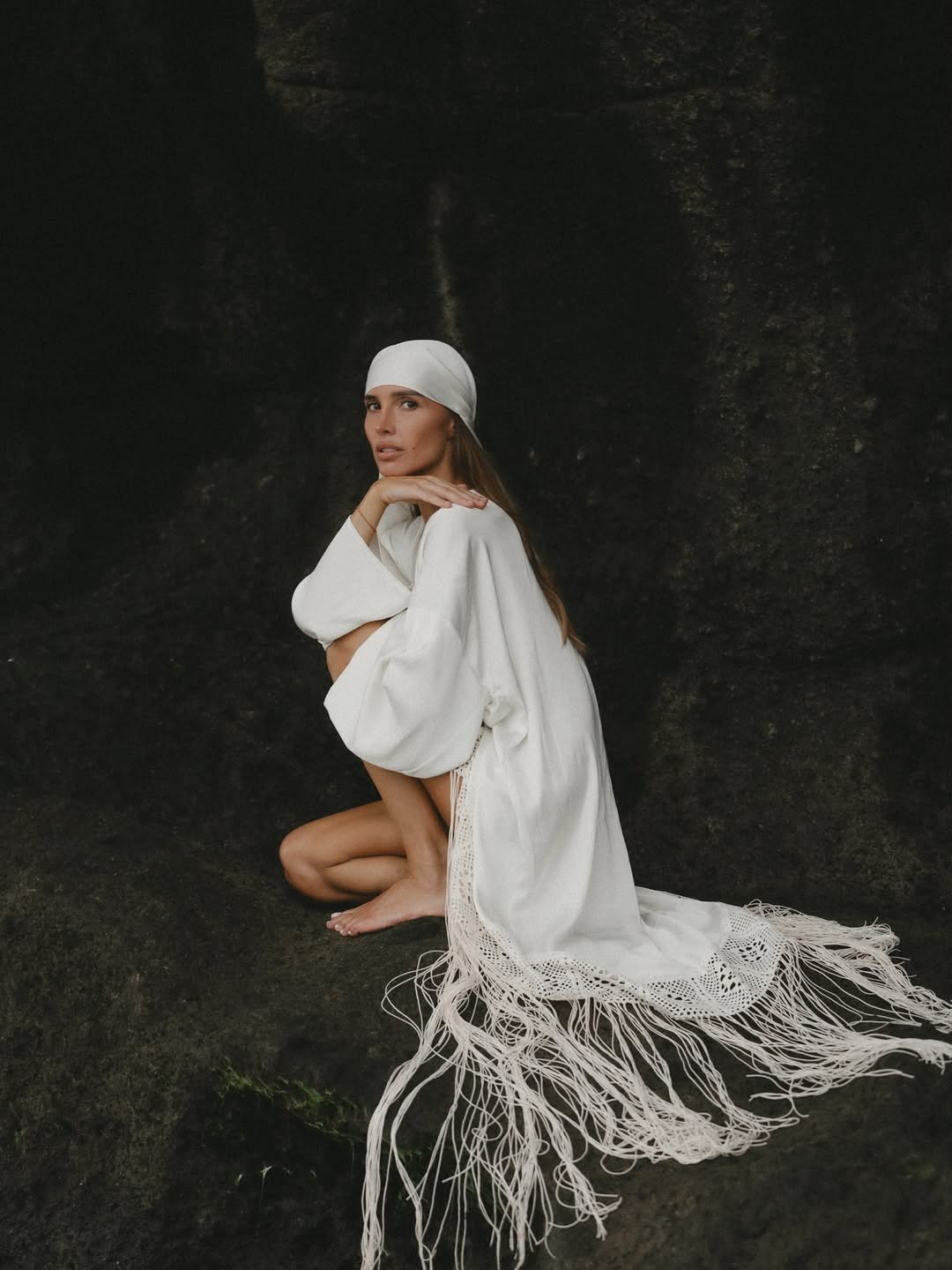 Ivory Satin Kimono Shiva Dress with Fringe and Macrame Detail