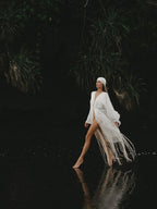 Ivory Satin Kimono Shiva Dress with Fringe and Macrame Detail