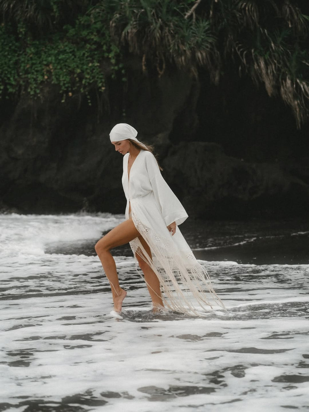 Ivory Satin Kimono Shiva Dress with Fringe and Macrame Detail