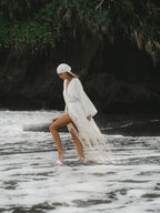 Ivory Satin Kimono Shiva Dress with Fringe and Macrame Detail