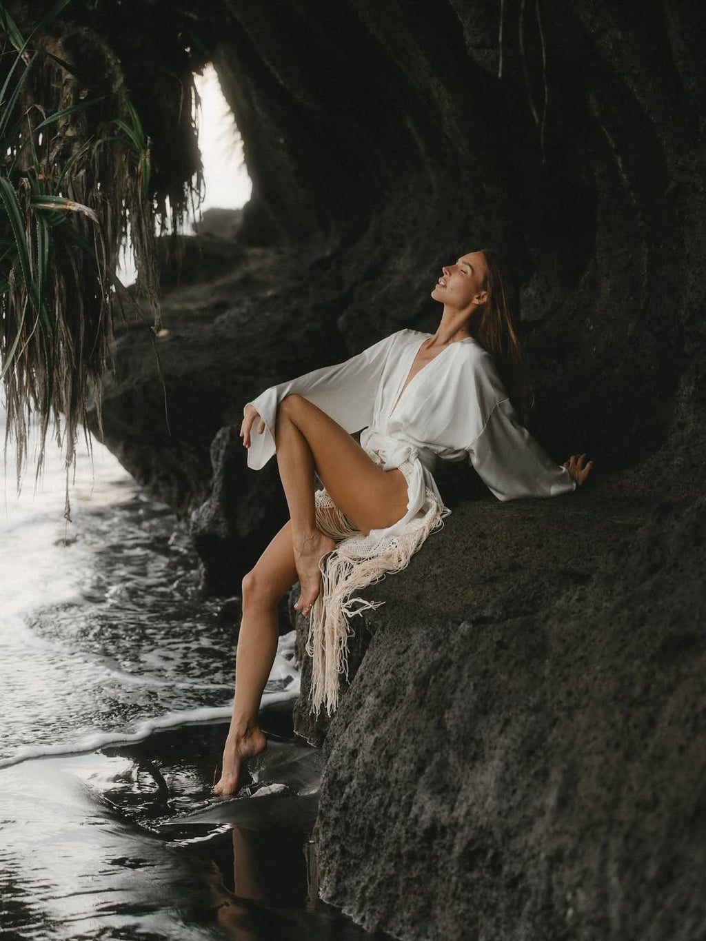 Ivory Satin Kimono Shiva Dress with Fringe and Macrame Detail