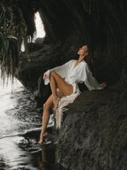 Ivory Satin Kimono Shiva Dress with Fringe and Macrame Detail