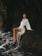 Ivory Satin Kimono Shiva Dress with Fringe and Macrame Detail