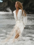 Ivory Satin Kimono Shiva Dress with Fringe and Macrame Detail