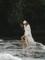 Ivory Satin Kimono Shiva Dress with Fringe and Macrame Detail