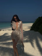 Gold Mesh Mini Dress with Sequin Detail and Deep V-Neckline