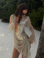 Gold Mesh Mini Dress with Sequin Detail and Deep V-Neckline