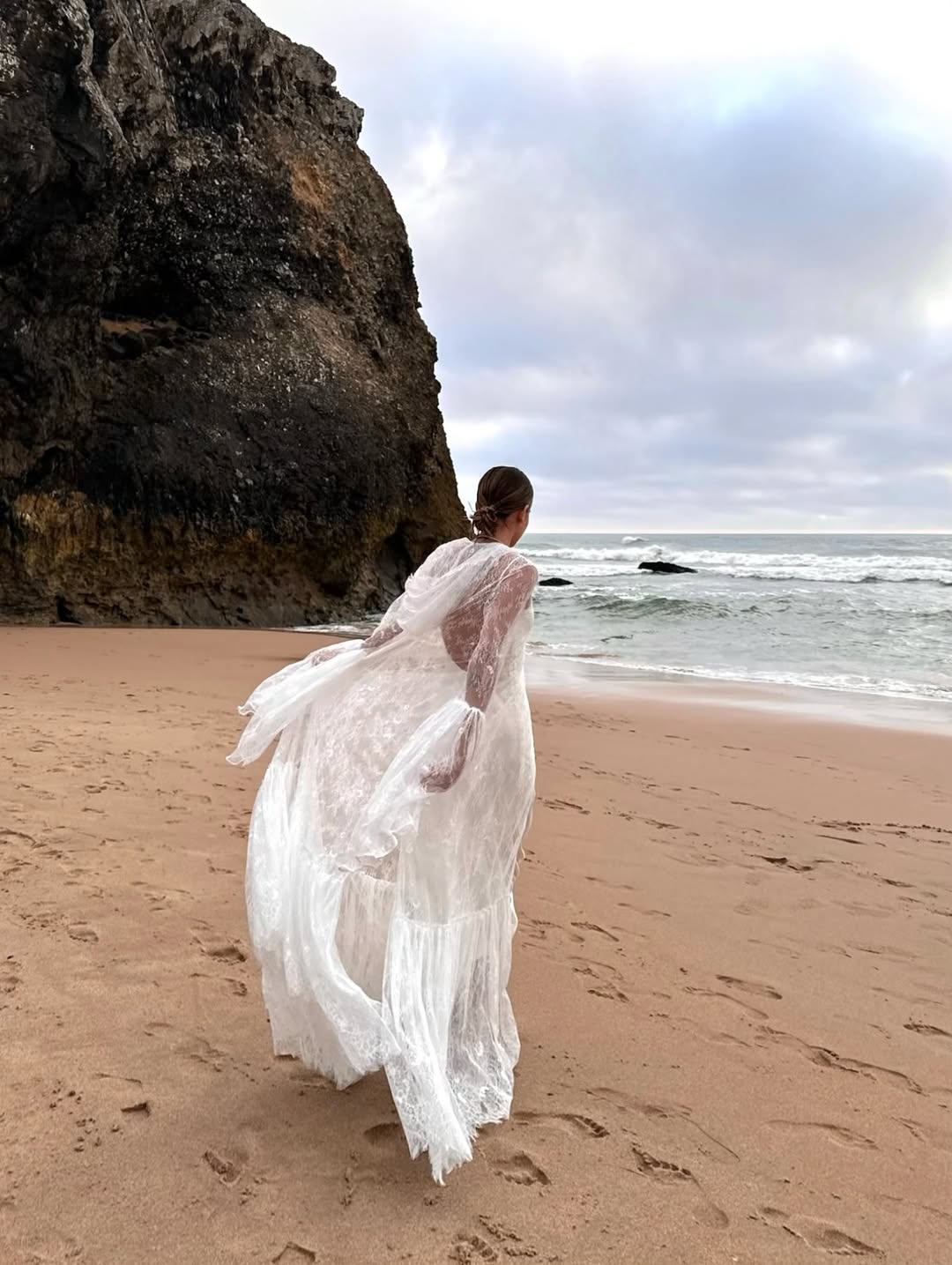 Sheer Lace Maxi Dress with Flared Sleeves