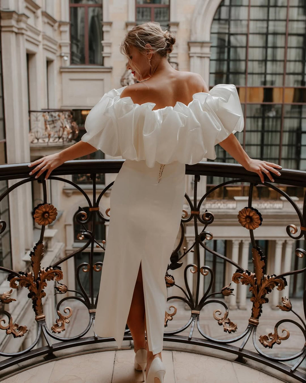 Ivory Off Shoulder Midi Dress with Ruffle Bodice