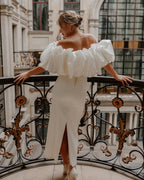 Ivory Off Shoulder Midi Dress with Ruffle Bodice