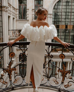 Ivory Off Shoulder Midi Dress with Ruffle Bodice