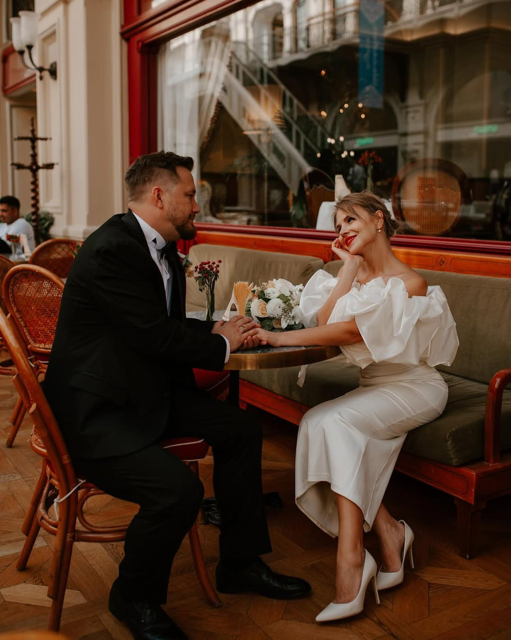 Ivory Off Shoulder Midi Dress with Ruffle Bodice