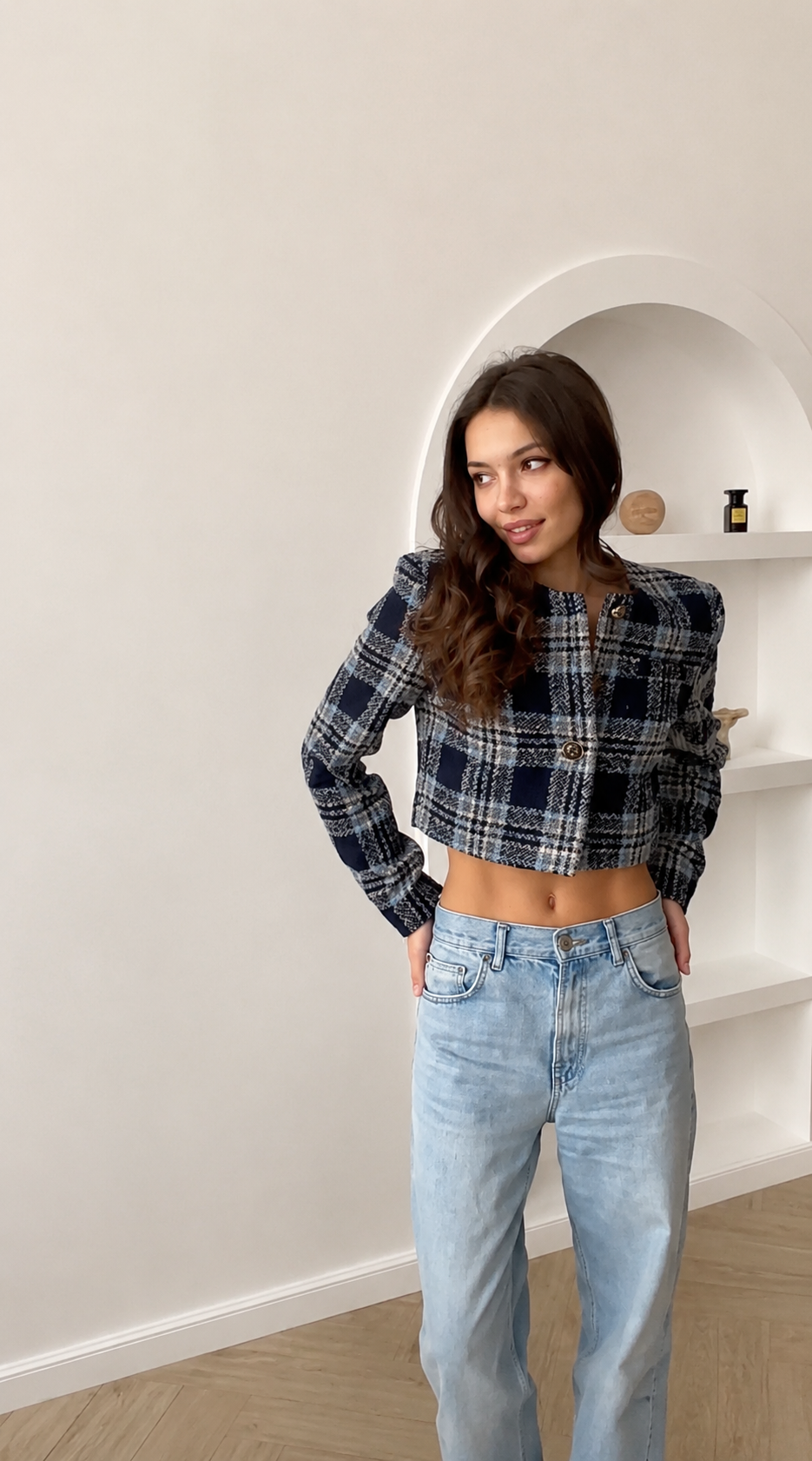 Blue Plaid Cropped Tweed Jacket