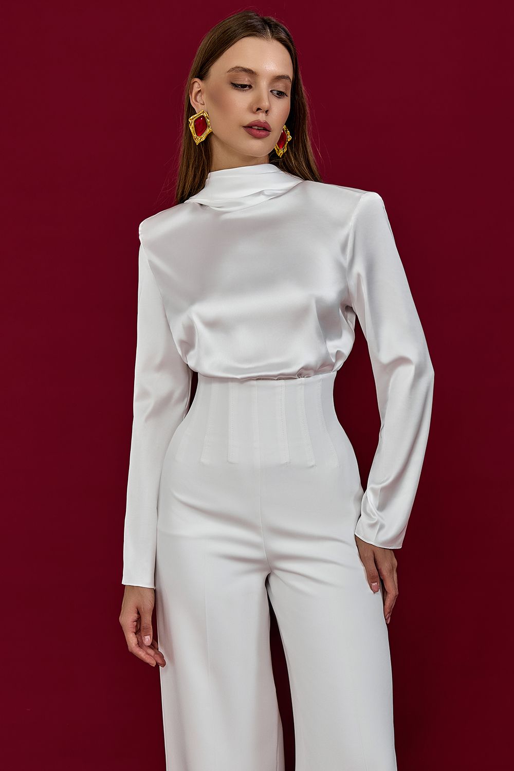 Satin blouse with open back and drapery