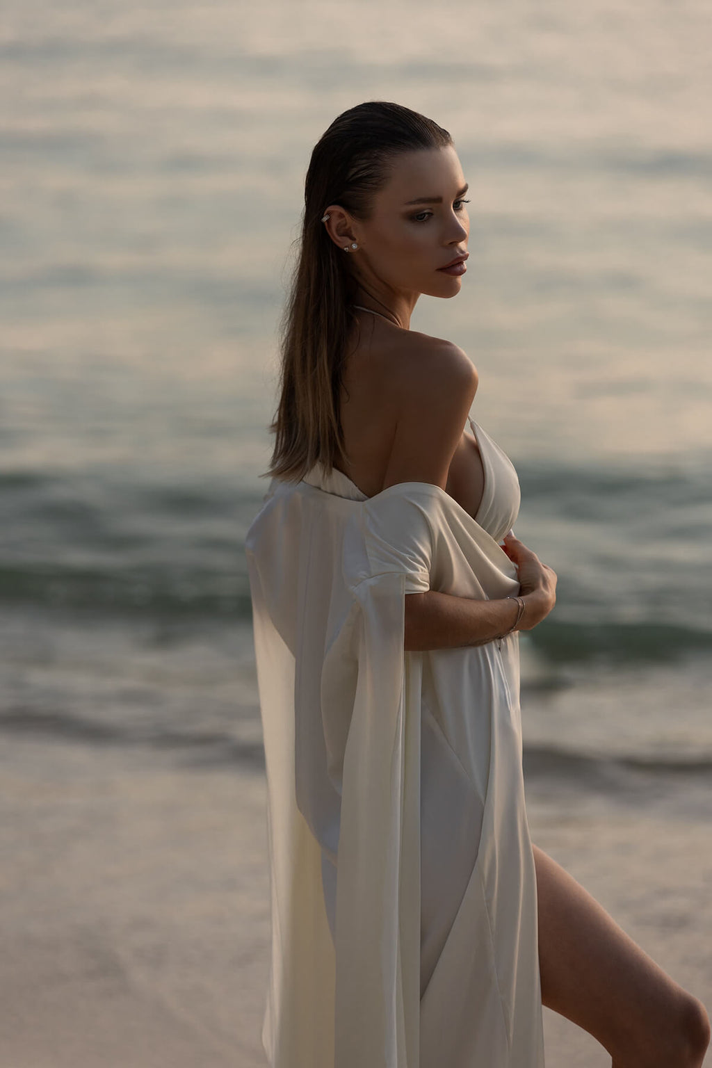 Ivory Cape Maxi Dress with Ruffle Hem
