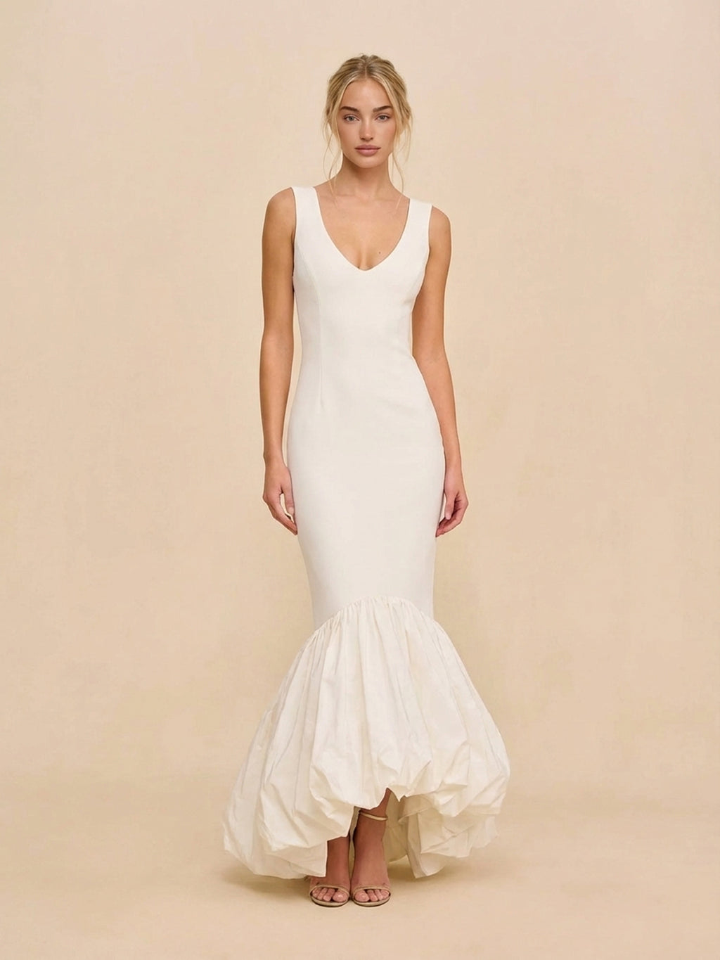 Ivory V-Neck Mermaid Dress with Voluminous Ruffle Hem