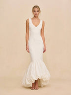 Ivory V-Neck Mermaid Dress with Voluminous Ruffle Hem