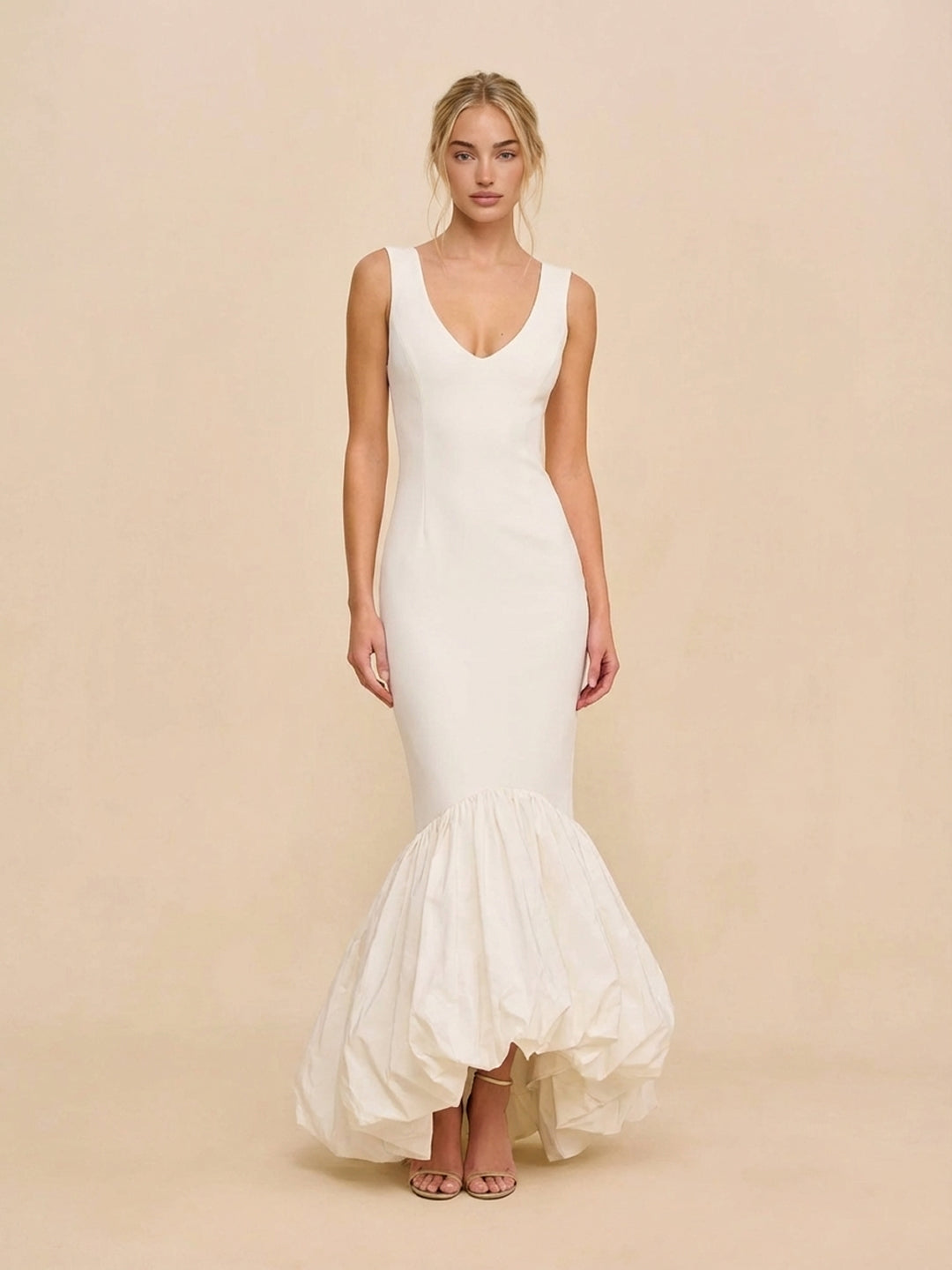 Ivory V-Neck Mermaid Dress with Voluminous Ruffle Hem