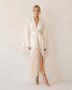 Ivory Satin Kimono Shiva Dress with Fringe and Macrame Detail